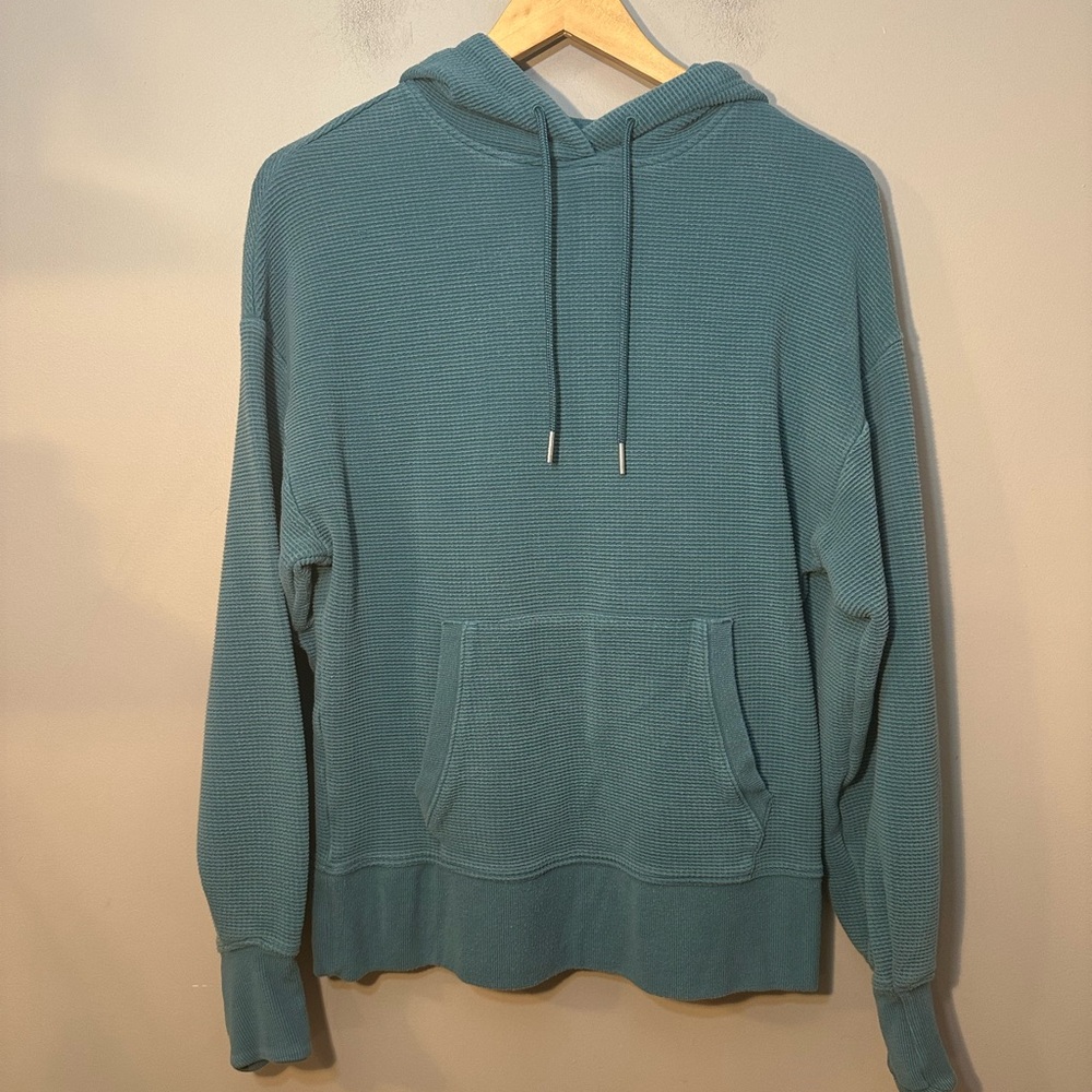 Athleta Womens Small Balance Waffle Hoodie Pullover Sweatshirt Teal Blue Green